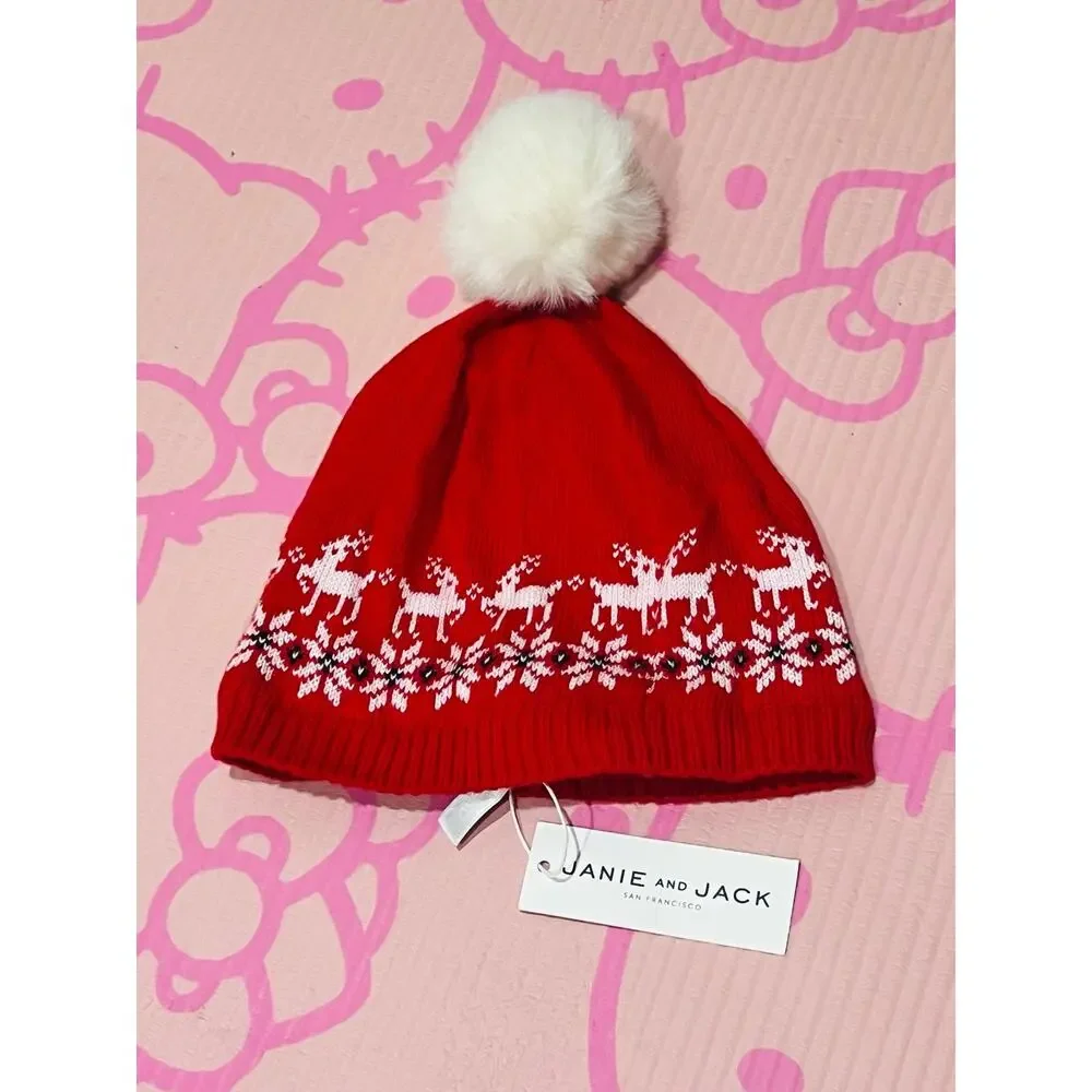 NWT❤️Janie and Jack Reindeer Fair Pom Beanie sz6/8